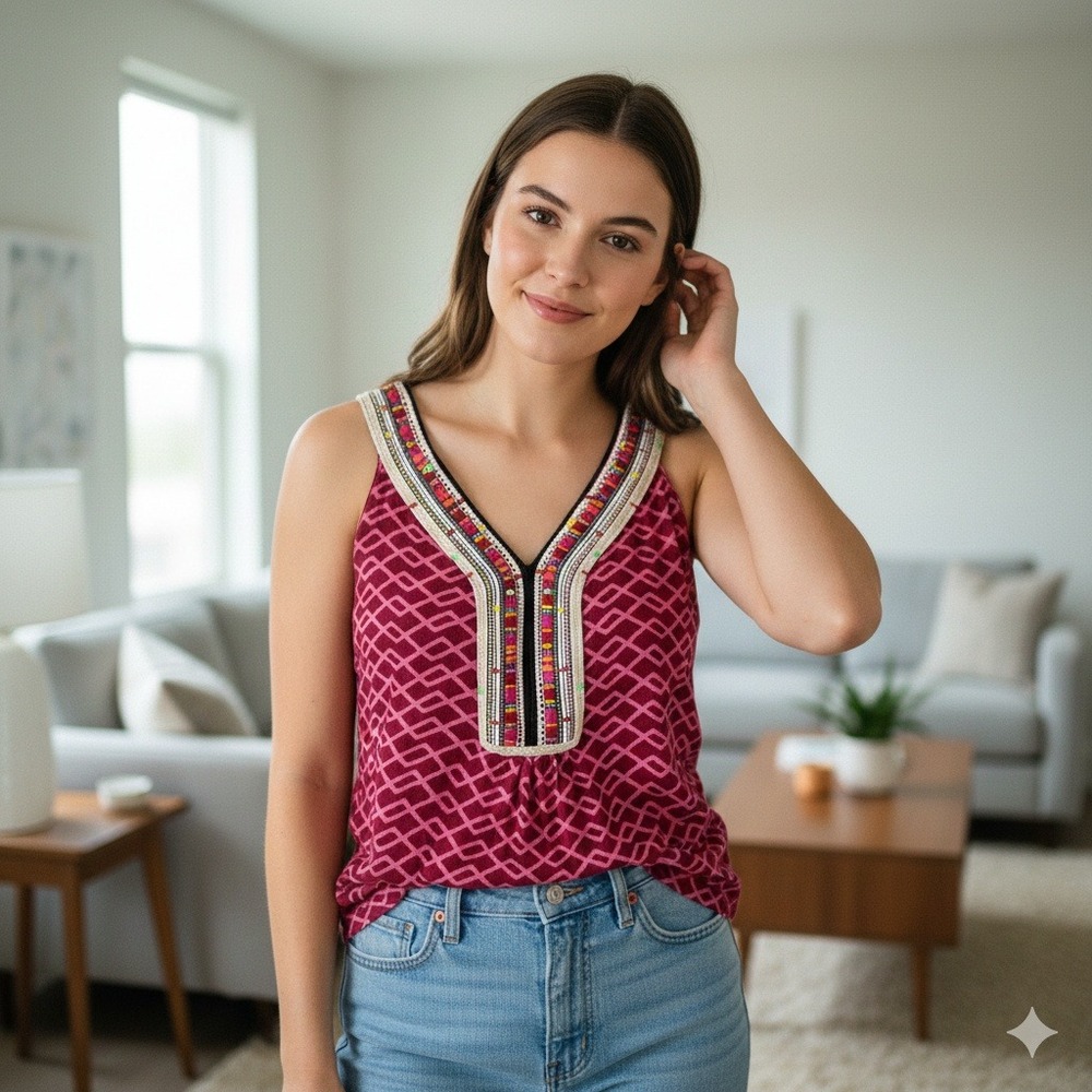 Anthropologie Maeve Beaded V-Neck Tank Top‎ Magenta Geometric Pattern - Size XS
